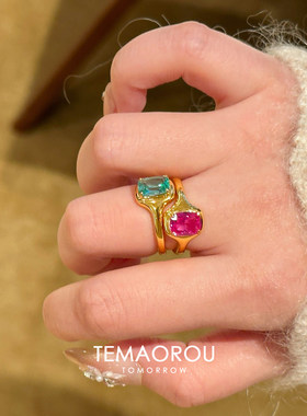 复古绿色方糖闪钻戒指女