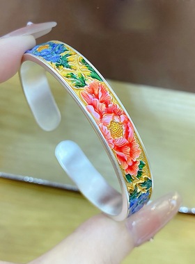 足银999.9描金珐琅荷花纯银手镯新中式风国潮送礼
