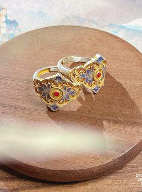 足银999.9珐琅滴釉玉兰花戒指女新中式宫廷风食指戒精致高级感