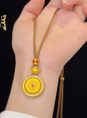 沙金拉丝平安如意镶钻吊坠红心古法点锆福满项链久不掉色女配饰品