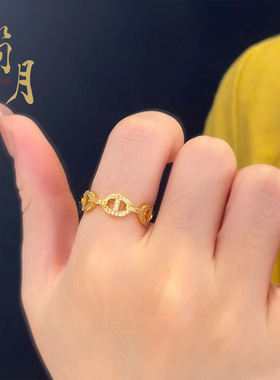 强保色沙金满钻马蹄扣光面镂空猪鼻子戒指镶钻百搭指环开口活口戒