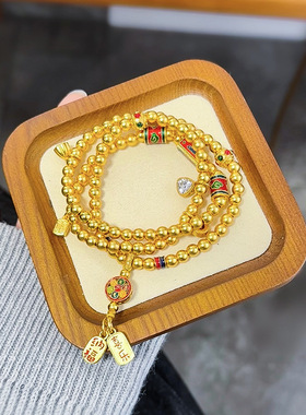 福满传家古法沙金三圈手链中式国潮风久不掉色项链两用手串饰品女