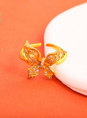 沙金点钻烟雨梦蝶戒指精致轻奢小众设计高级感蝴蝶开口指环送女友