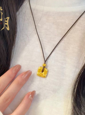 沙金方片福禄寿禧锤纹吊坠项链女皮绳毛衣链女生可调节锁骨链饰品