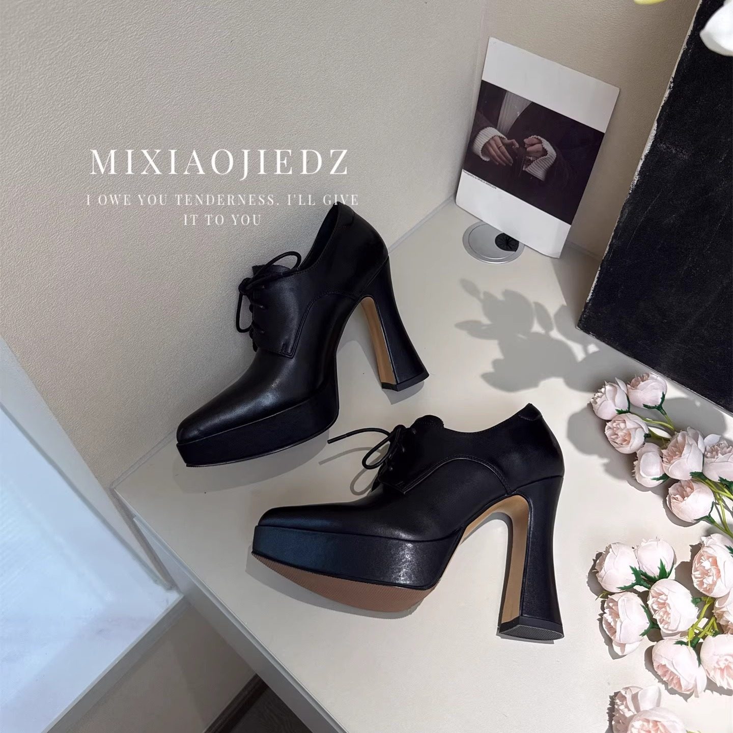 2025新款深口系带防水台真皮高跟鞋尖头粗跟通勤不累脚单鞋,淘宝优惠券,粉丝福利购,淘宝优惠卷