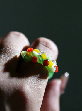 出口日本原创手工琉璃向日葵戒指彩色花朵碎钻玉石戒圈清新甜美