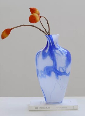 蓝色肌理新中式复古艺云纹玻璃花瓶花器插花氛围感摆件