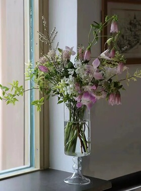 中古灰色玻璃高脚花瓶风灯花器高级感简约复古风装饰花瓶插花摆件