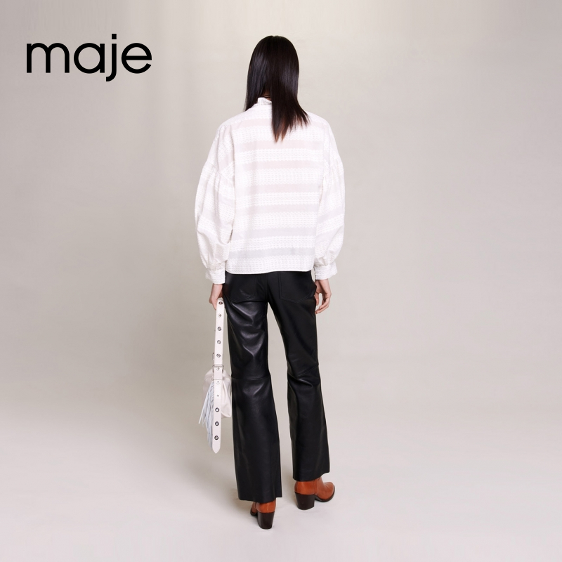 Maje Outlet2023春秋新款女装法式时尚花边领白色衬衫MFPCM00493 - 图0