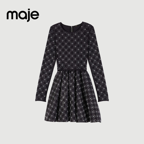 季末7折Maje博主同款2025秋冬新款女装法式仿钻饰收腰针织连衣裙 - 图3