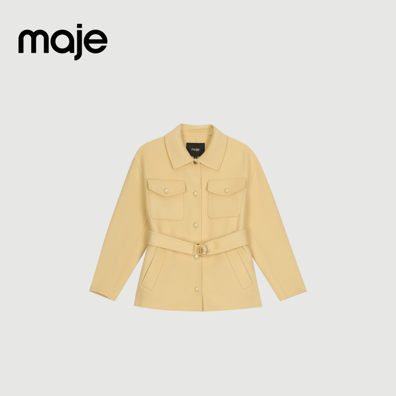 Maje2025春夏女装法式时尚羊毛混纺黄色系带收腰翻领短款毛呢外套,淘宝优惠券,粉丝福利购,淘宝优惠卷