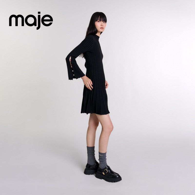 Maje2025秋冬女装法式时尚黑色喇叭袖这周裙摆收腰短款针织连衣裙,淘宝优惠券,粉丝福利购,淘宝优惠卷