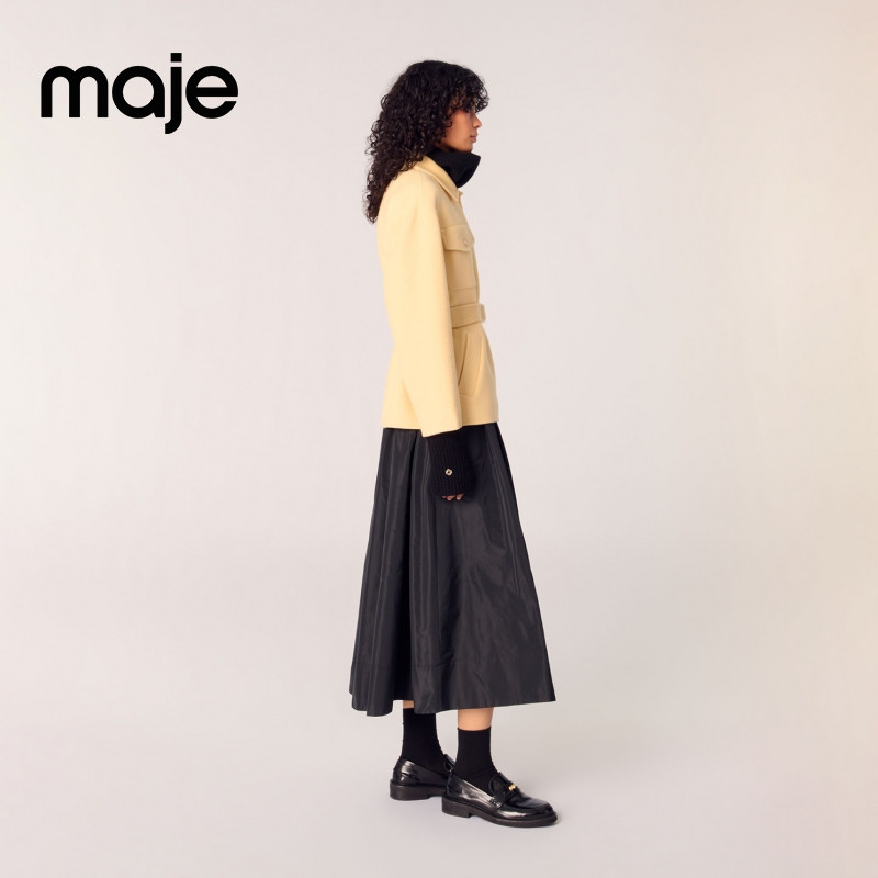 Maje2025春夏女装法式时尚羊毛混纺黄色系带收腰翻领短款毛呢外套,淘宝优惠券,粉丝福利购,淘宝优惠卷
