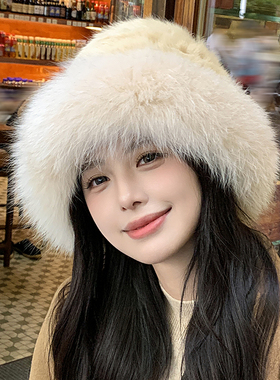 狐狸毛帽子渔夫帽盆帽女加厚保暖