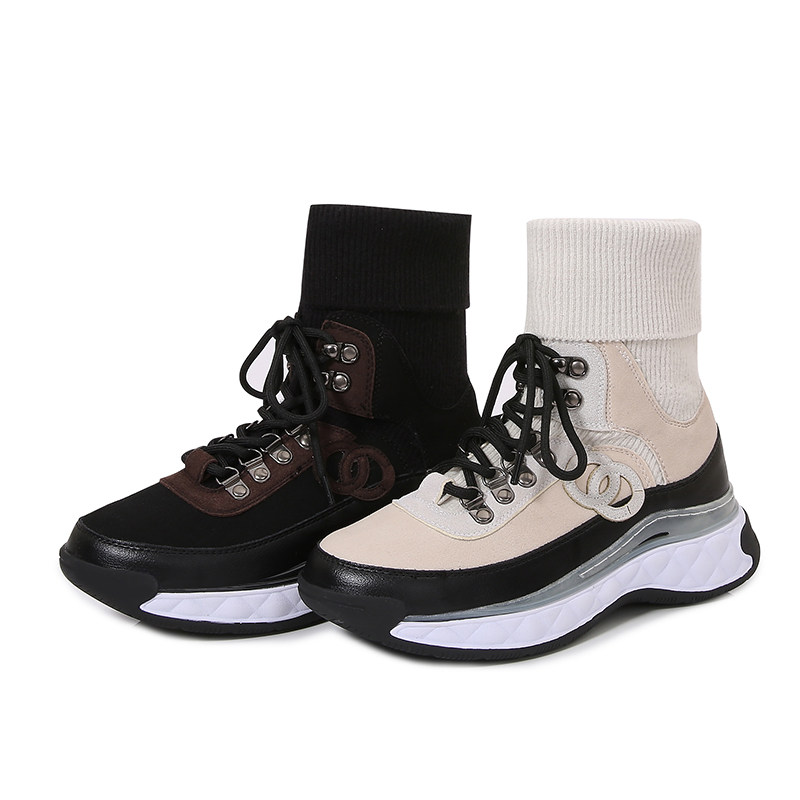 小香风拼色2025秋冬季厚底气垫系带休闲老爹鞋女透气针织袜子短靴,淘宝优惠券,粉丝福利购,淘宝优惠卷