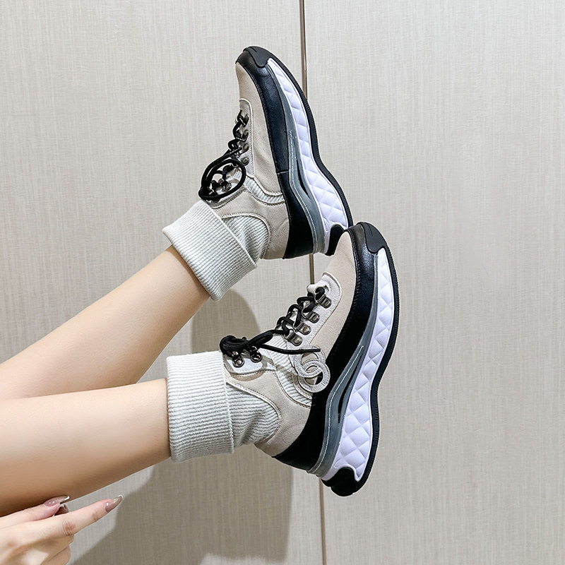 小香风拼色2025秋冬季厚底气垫系带休闲老爹鞋女透气针织袜子短靴,淘宝优惠券,粉丝福利购,淘宝优惠卷