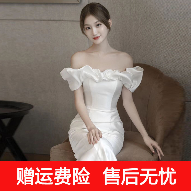 法式鱼尾婚纱2023新款新娘主纱高级感缎面婚纱一字肩齐地婚纱简约-图0