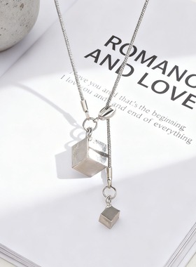 韩版简约方糖吊坠项链女长款金属链子百搭气质锁骨链