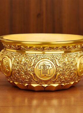 黄铜狮头聚宝盆 百福缸香炉摆件铜器金属工艺品内有金蟾