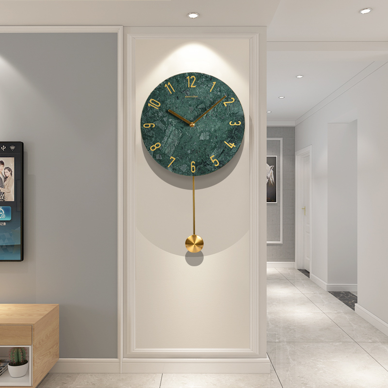 北欧轻奢挂钟大理石表静音摇摆钟客厅家用简约现代北欧风钟表奢华 - 图0