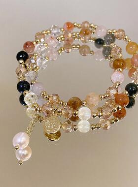 新品双层茶晶串珠手链女2025年新款小众精致高级感水晶手串叠戴手