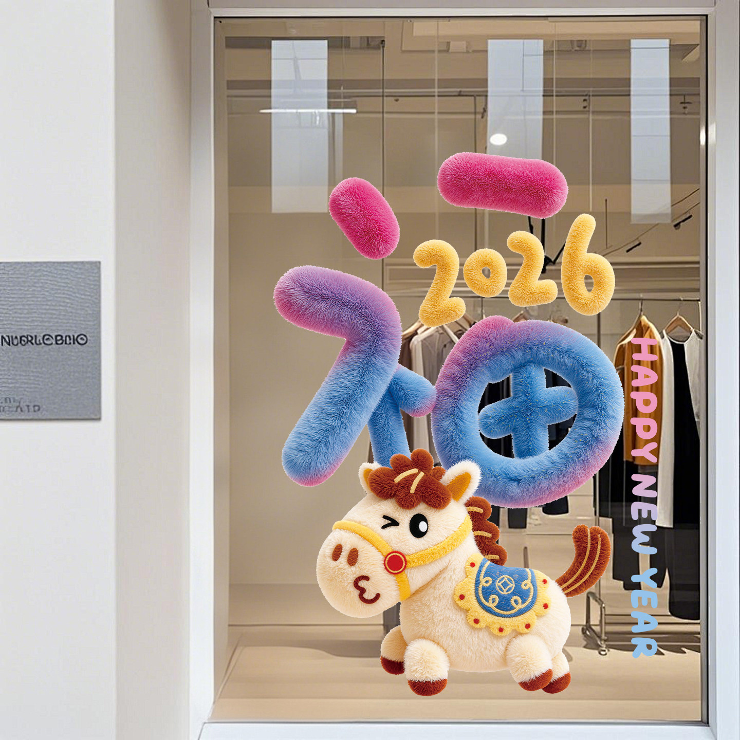 5D毛绒小马窗花贴纸玻璃静电贴门贴商场橱窗窗贴氛围布置门贴装饰,淘宝优惠券,粉丝福利购,淘宝优惠卷