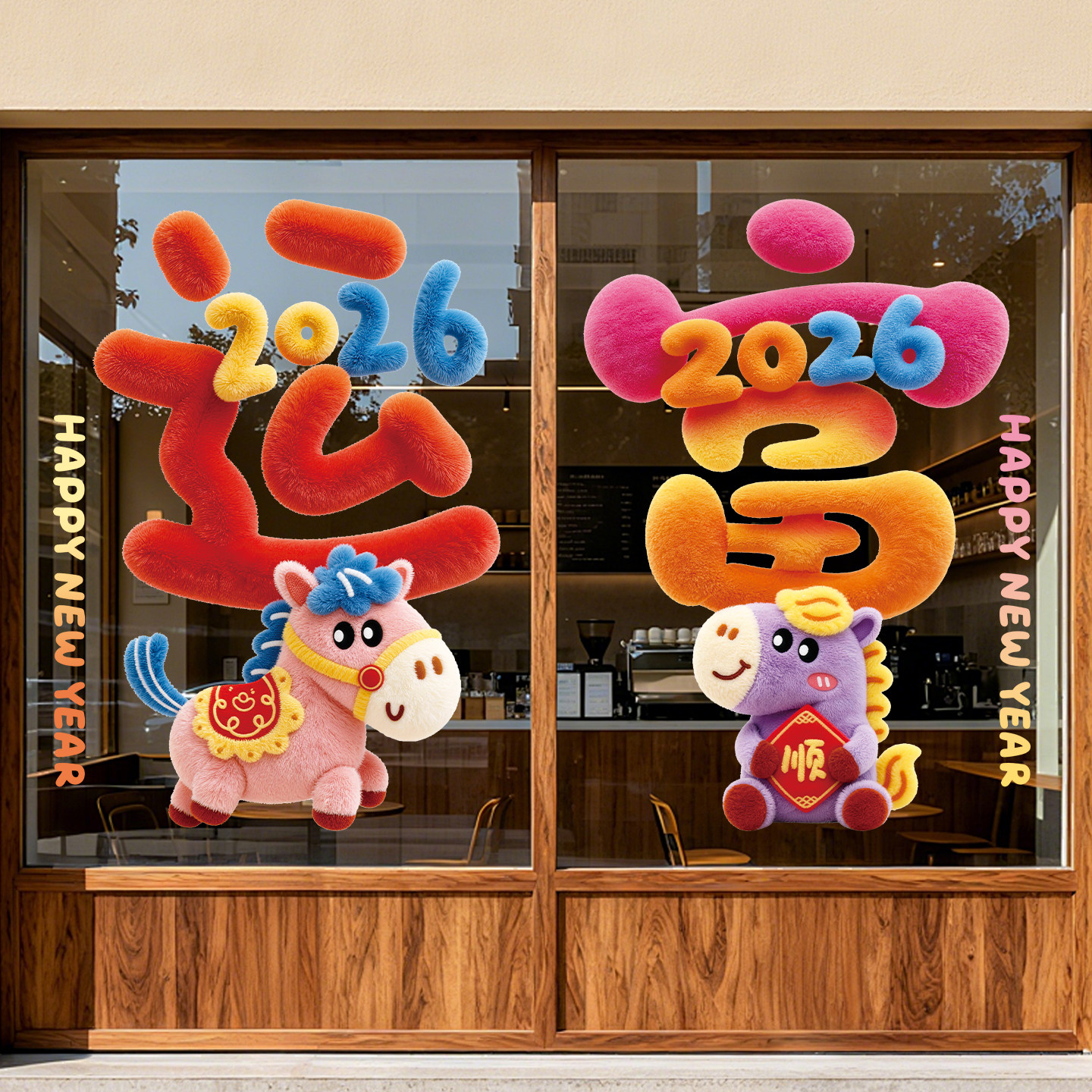 5D毛绒小马窗花贴纸玻璃静电贴门贴商场橱窗窗贴氛围布置门贴装饰,淘宝优惠券,粉丝福利购,淘宝优惠卷