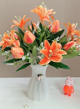 仿真郁金香百合假花绢花室内客厅茶几电视柜桌摆装饰插花花束套装