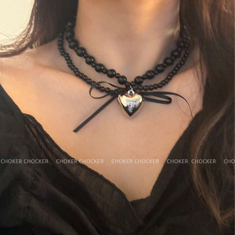 黑玛瑙choker爱心蝴蝶结项圈颈链黑色锁骨链女款2024新款chocker - 图1