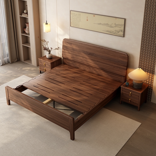 新款黑胡桃木复古实木床家用小户型现代简约大床主次卧婚房储物床 - 图0