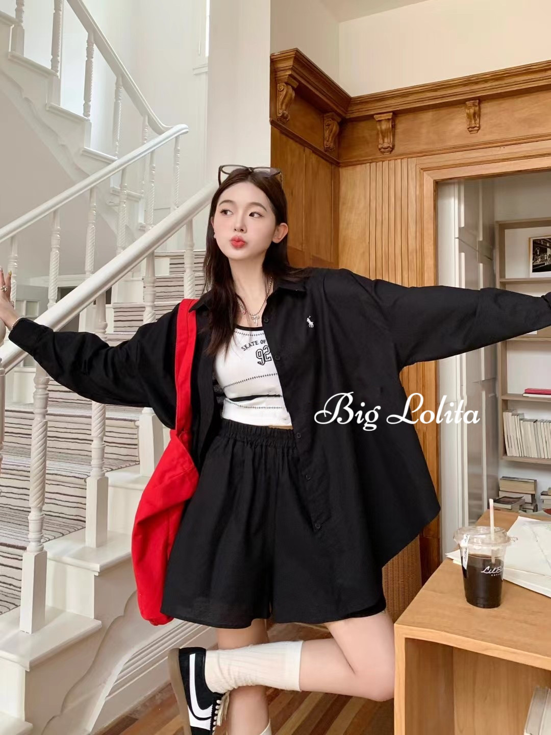 大萝莉大码夏季韩版微胖翻领宽松防晒衬衫+短裤休闲两件套女套装,淘宝优惠券,粉丝福利购,淘宝优惠卷