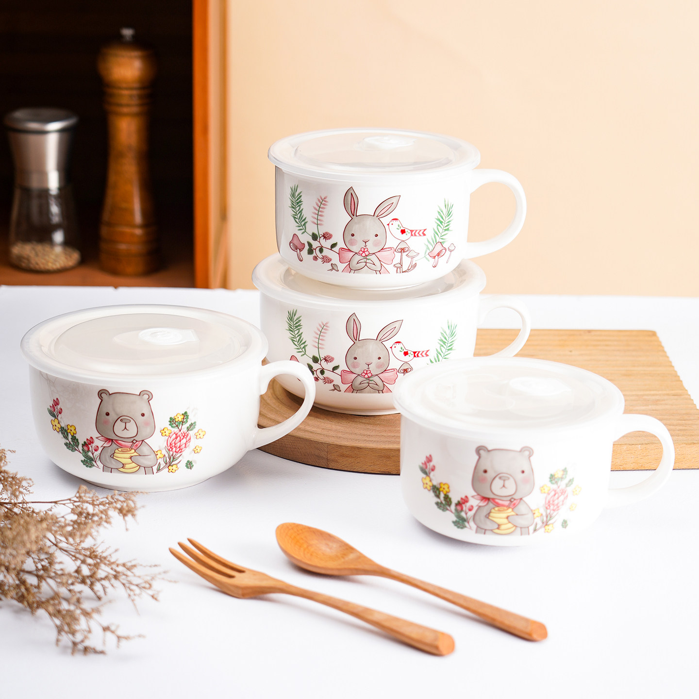 陶瓷泡面碗带盖带把手密封碗可微波炉高颜值学生宿舍碗手柄便当盒,淘宝优惠券,粉丝福利购,淘宝优惠卷