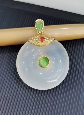 白玉髓镶嵌吊坠 925银镶平安扣玉石镶嵌饰品 女款项链挂件 送女友