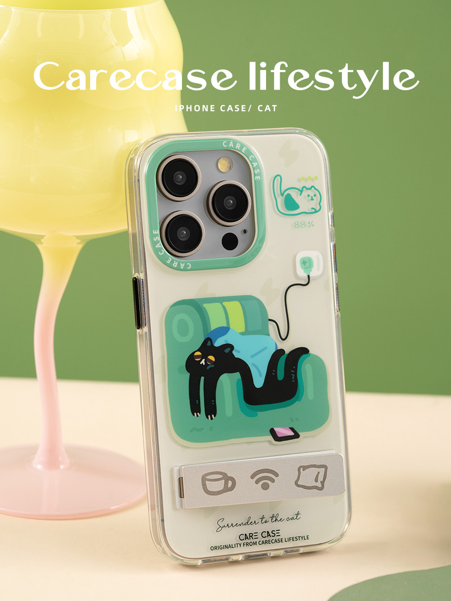 CARECASE 绿色沙发猫咪自带支架手机壳 适用于苹果 15/14/13 Pro Max 原创设计创意便携可爱 - 图3