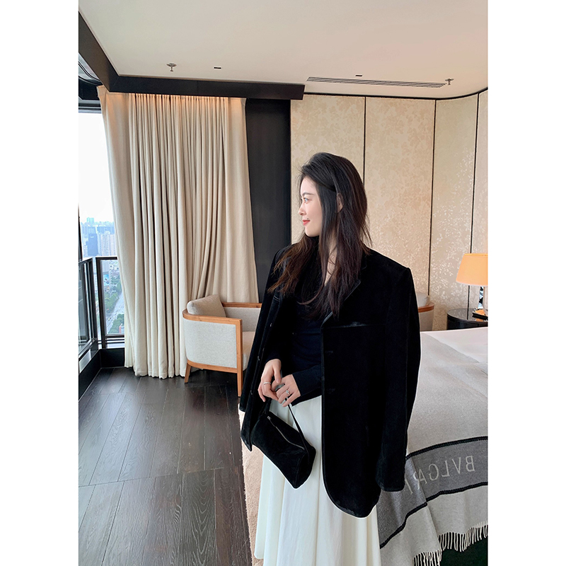 CHINAL秋新款高级棕色复古美拉德绒面皮衣山羊皮真皮西装外套女 - 图2