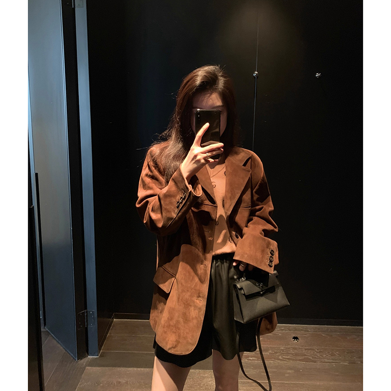 CHINAL秋新款高级棕色复古美拉德绒面皮衣山羊皮真皮西装外套女 - 图0
