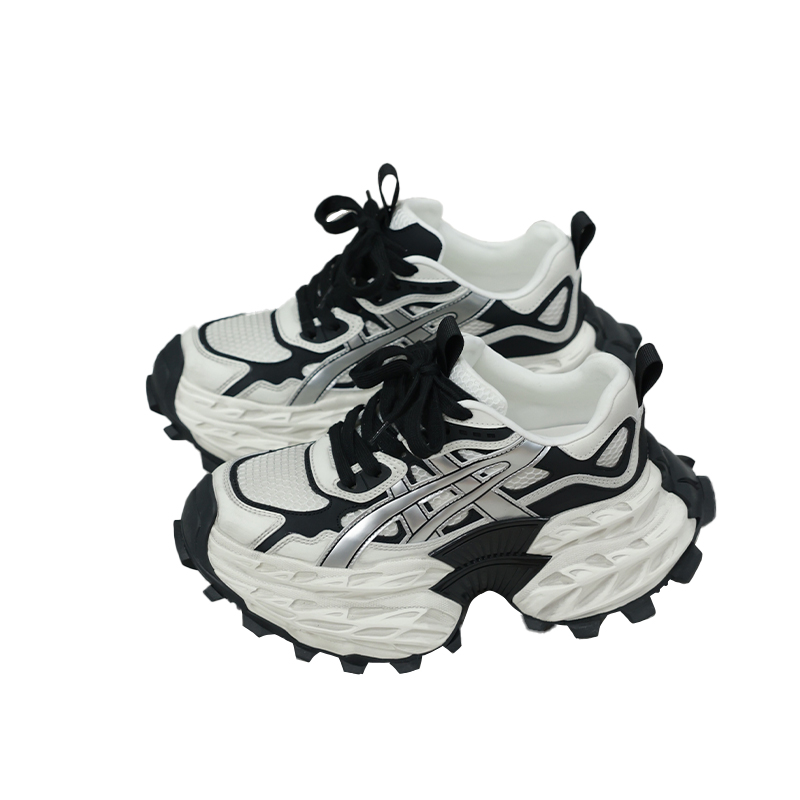 欧洲站2025春季新品欧货真皮厚底银色透气设计感网红运动老爹鞋女 - 图3