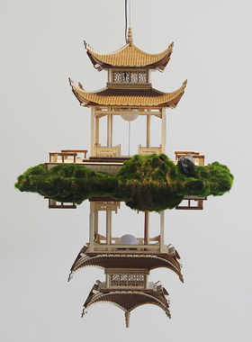 新中式木质纯手工拼装模型镜像悬吊挂件酒店会所大堂售楼部软装