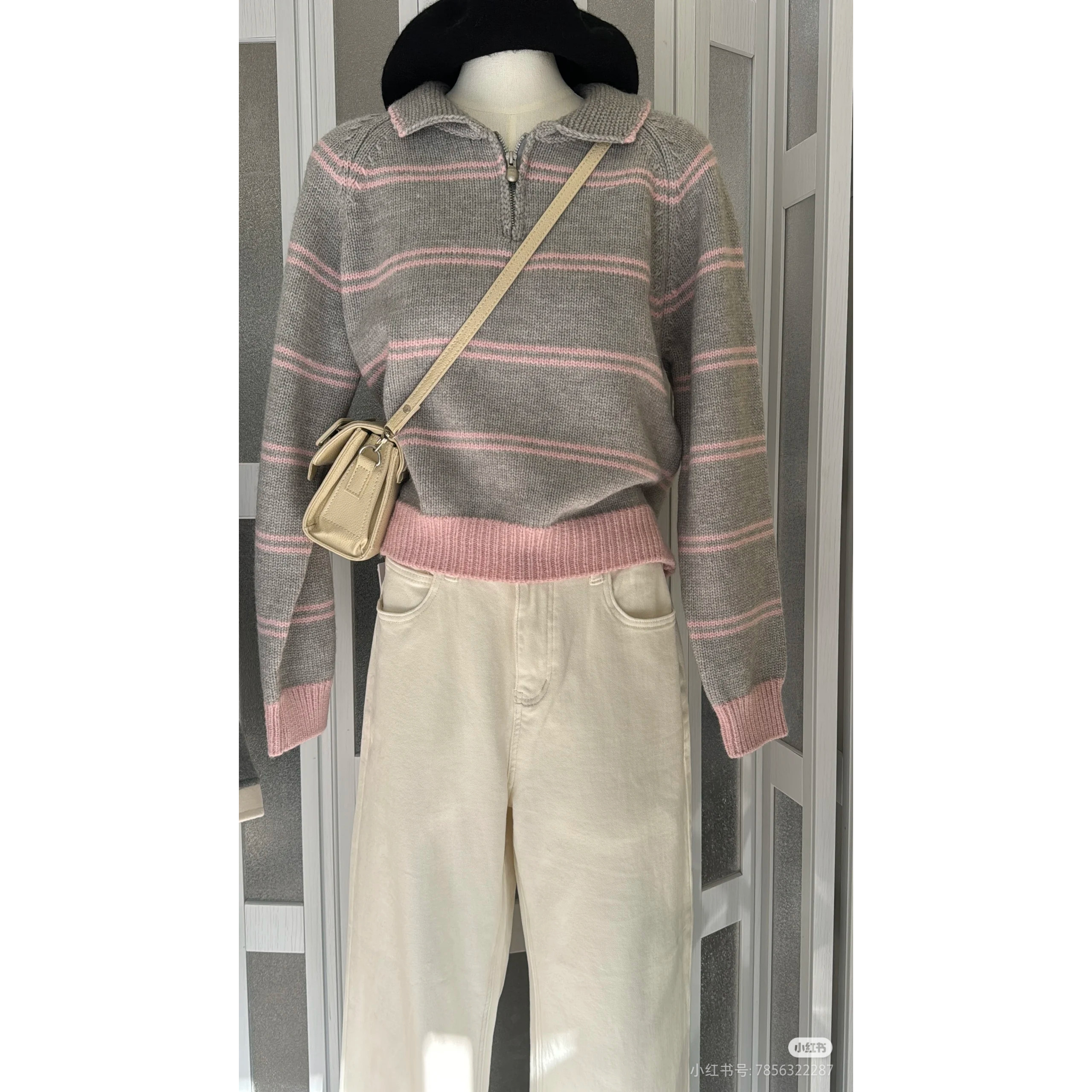 韩系polo领条纹套头毛衣女秋冬宽松翻领半拉链软糯减龄针织衫上衣,淘宝优惠券,粉丝福利购,淘宝优惠卷