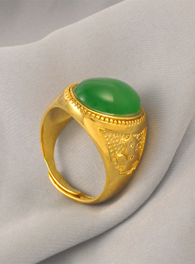 10克~送男友老公镀24K金色男士戒指镶宝石绿蛋面仿真黄金男大扳指