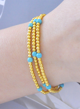 金店同款镀24K金色圆珠仿真绿松三圈手链转运珠叠戴手串女送女友