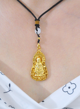 送男友礼盒镀24K金色镂空火焰观音吊牌男士项链佛坠仿真黄金吊坠