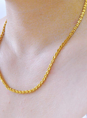 14克~原创设计时尚百搭粗款小鱼素金链万能镀24K金色加长项链女士