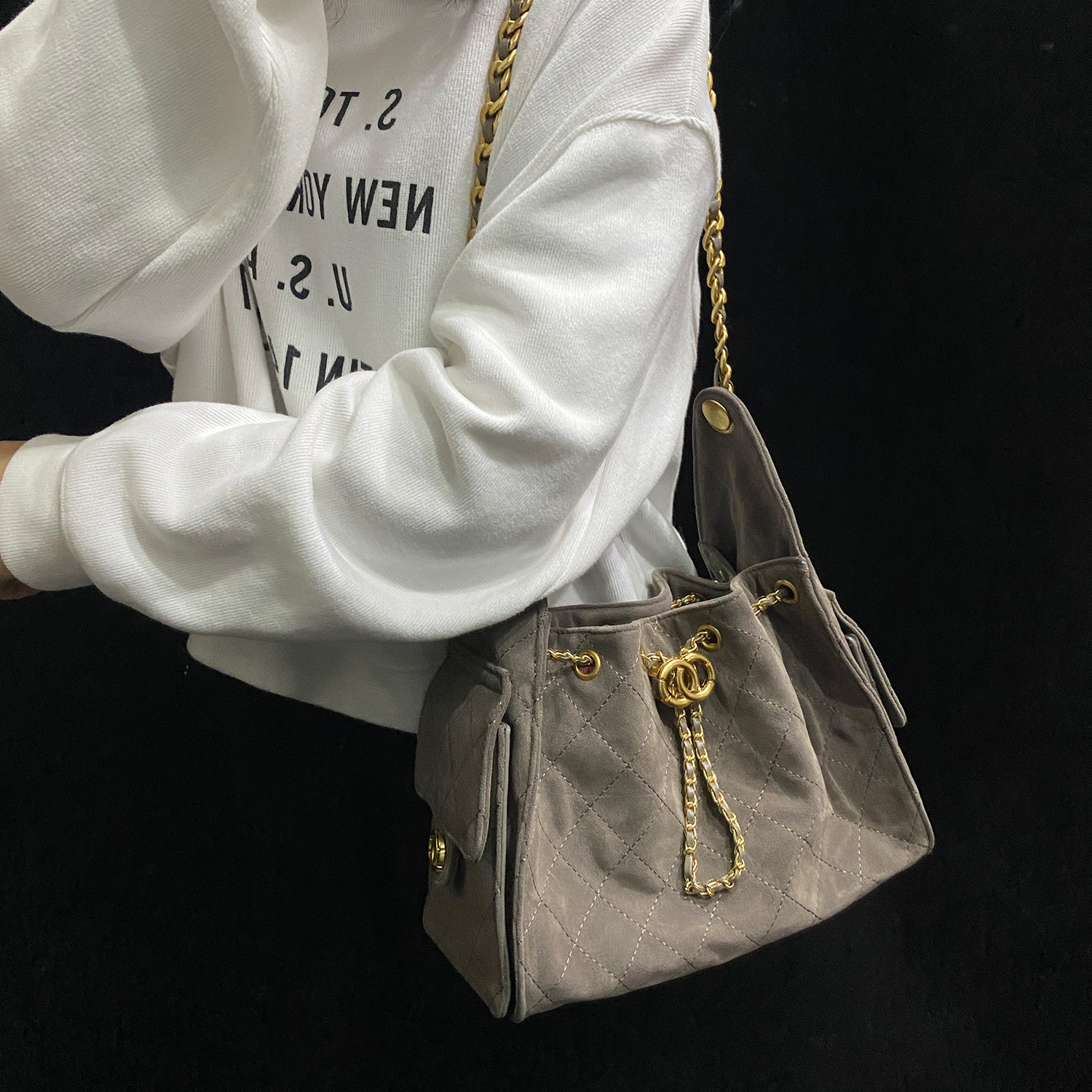 灰色包包小香风25c hobo bag嬉皮包2025巨好看水桶包托特包女鹿皮,淘宝优惠券,粉丝福利购,淘宝优惠卷