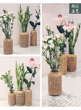 手编简约草编桌面花瓶摆件玻璃