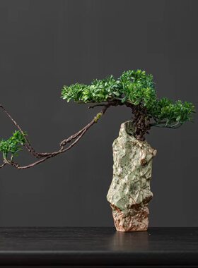 新中式仿真迎客松盆景植物招财禅意摆件客厅玄关小盆栽桌面装饰品