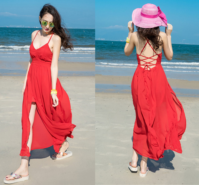 夏装新款海边度假露背沙滩长裙波西米亚大红色雪纺开叉吊带连衣裙