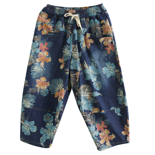 Summer Thin Retro Art Print Denim Pants Cropped Pants