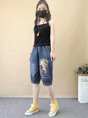 薄款五分牛仔裤女夏胖mm大码宽松显瘦刺绣哈伦裤小个子休闲六分裤 - 图1