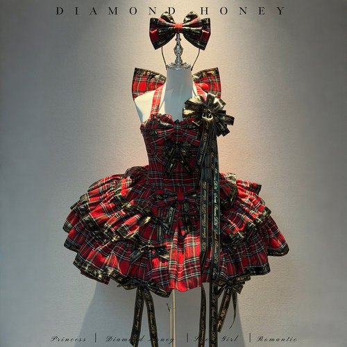 全款【摇滚kitty】红格子日常可爱新年打歌服狗短红黑连衣裙原创 - 图2